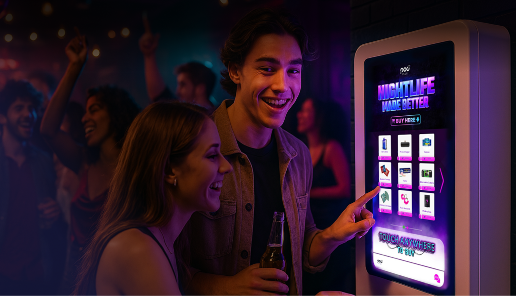 Happy people interacting with Pod Plug smart vending machine